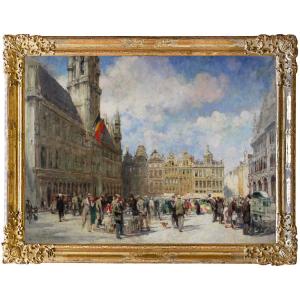 Huile sur toile belge "Grand-Place de Bruxelles " signée, non encadrée, esquisse preparatoire