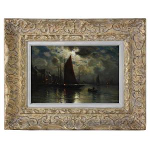 Port et bateaux de pêche au crépuscule, huile sur panneau, G. Maroniez, encadrée