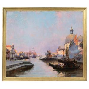 Venice, The Grand Canal, And San Simeone Piccolo. Large Oil On Canvas, French School, 20th Century