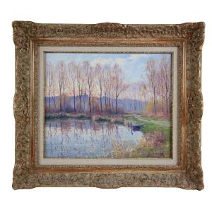 André van Beek – Paysage postimpressionniste au bord de l’eau, signé, sans cadre