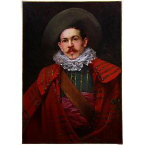 Large Oil On Canvas Painting, Portrait Of A 19th Musketeer