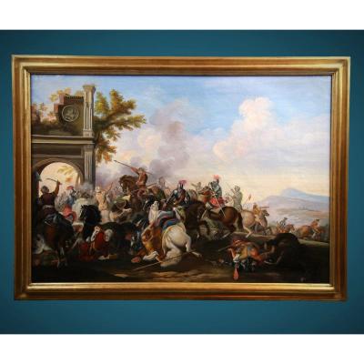 Old Oil Painting On Canvas 20th Century, Battle Scene