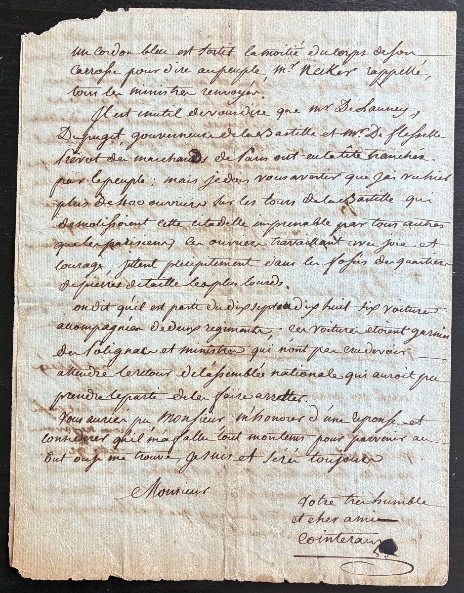 The Bastille - Autograph Letter, Signed, French Revolution, 1789-photo-3