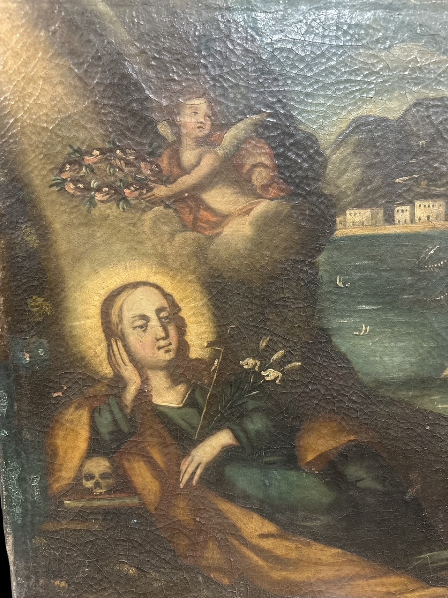 Huile sur toile représentant Sainte Rosalie sur fond de Montepellegrino à Palerme