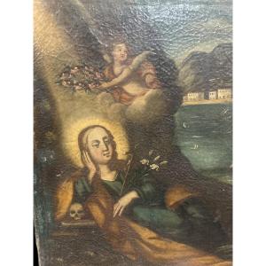 Huile sur toile représentant Sainte Rosalie sur fond de Montepellegrino à Palerme