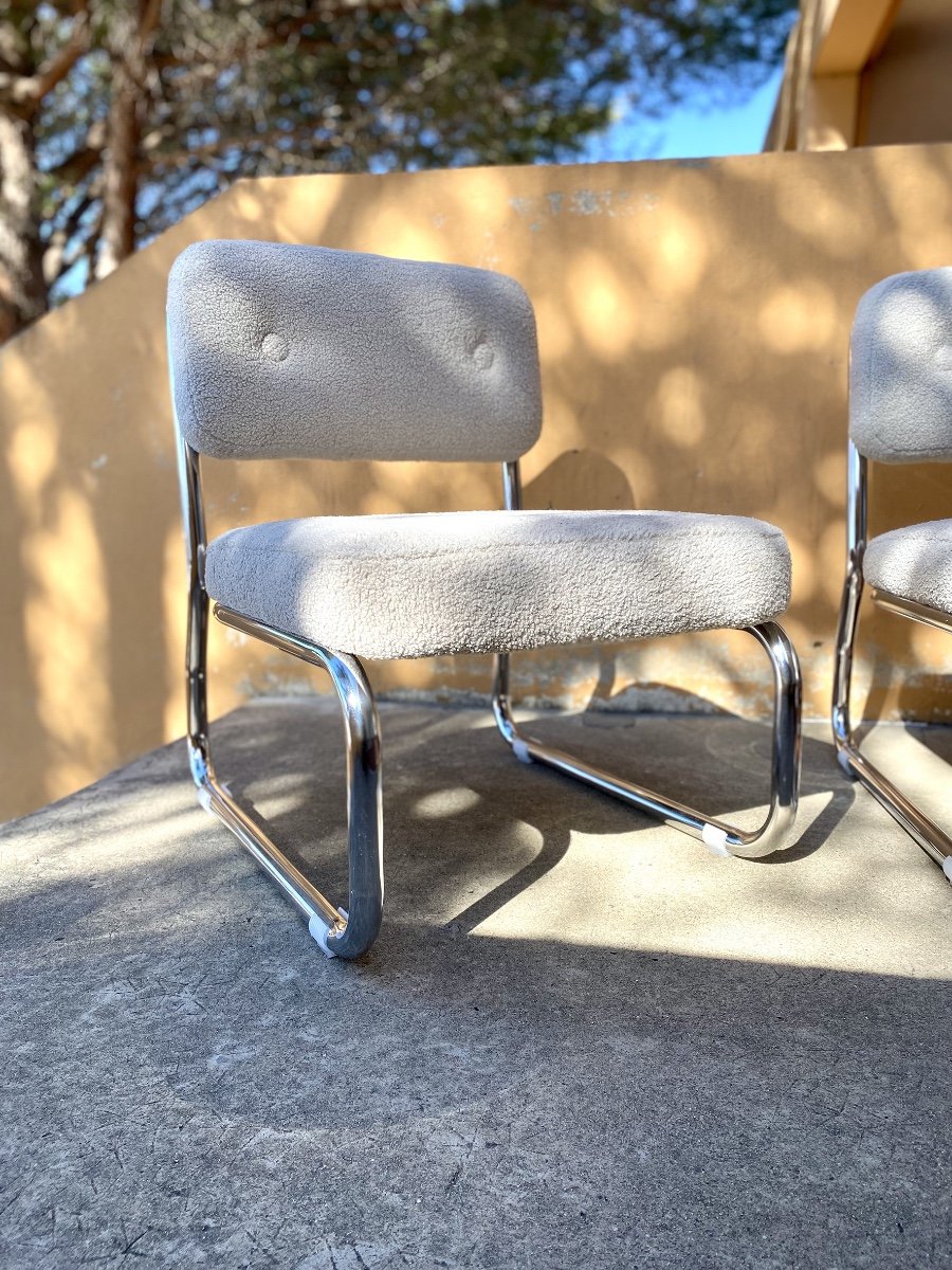 Pair Of Mid Century Armchairs / Low Chairs In Bouclette Fabric-photo-2