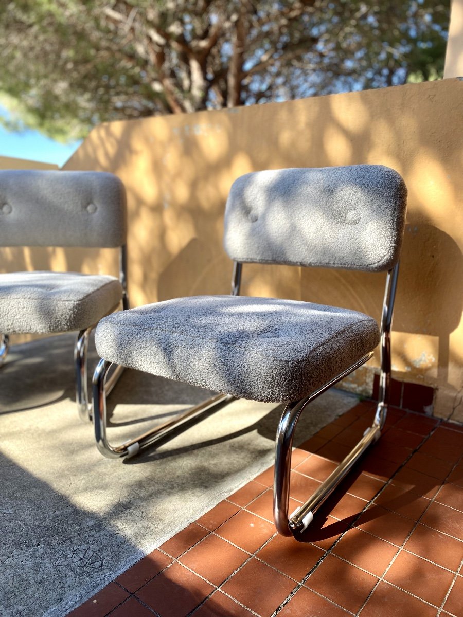 Pair Of Mid Century Armchairs / Low Chairs In Bouclette Fabric-photo-3