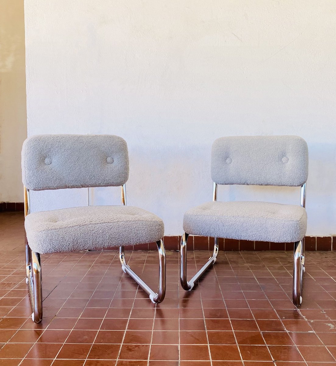 Pair Of Mid Century Armchairs / Low Chairs In Bouclette Fabric-photo-3