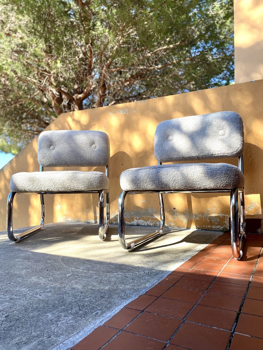 Pair Of Mid Century Armchairs / Low Chairs In Bouclette Fabric-photo-5