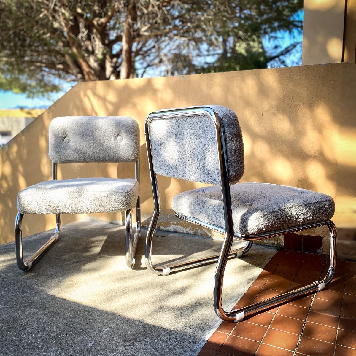 Pair Of Mid Century Armchairs / Low Chairs In Bouclette Fabric