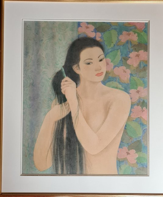 "Jeune Fille se coiffant" (Peinture Vietnamienne sur soie de Vo Van Ky)-photo-2