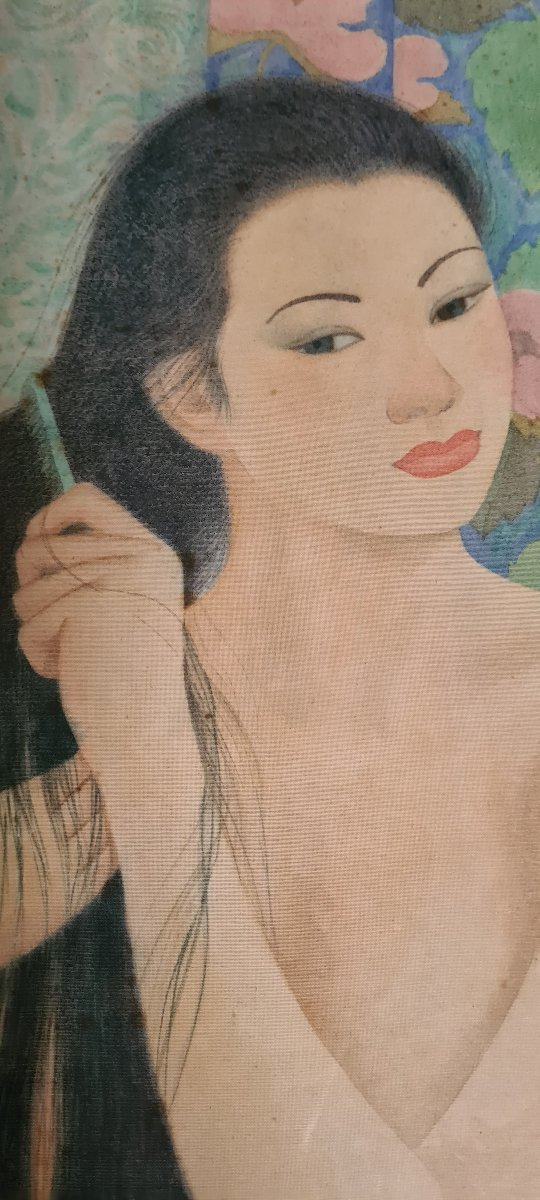"Jeune Fille se coiffant" (Peinture Vietnamienne sur soie de Vo Van Ky)-photo-4