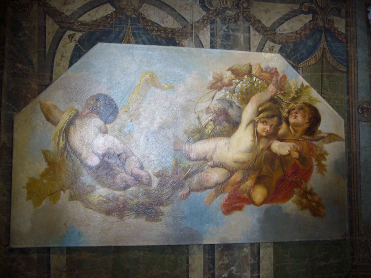 Toile Peinte de boiserie d'Architecture Aux Anges En Vol dans les Vignes XIXeme-photo-2