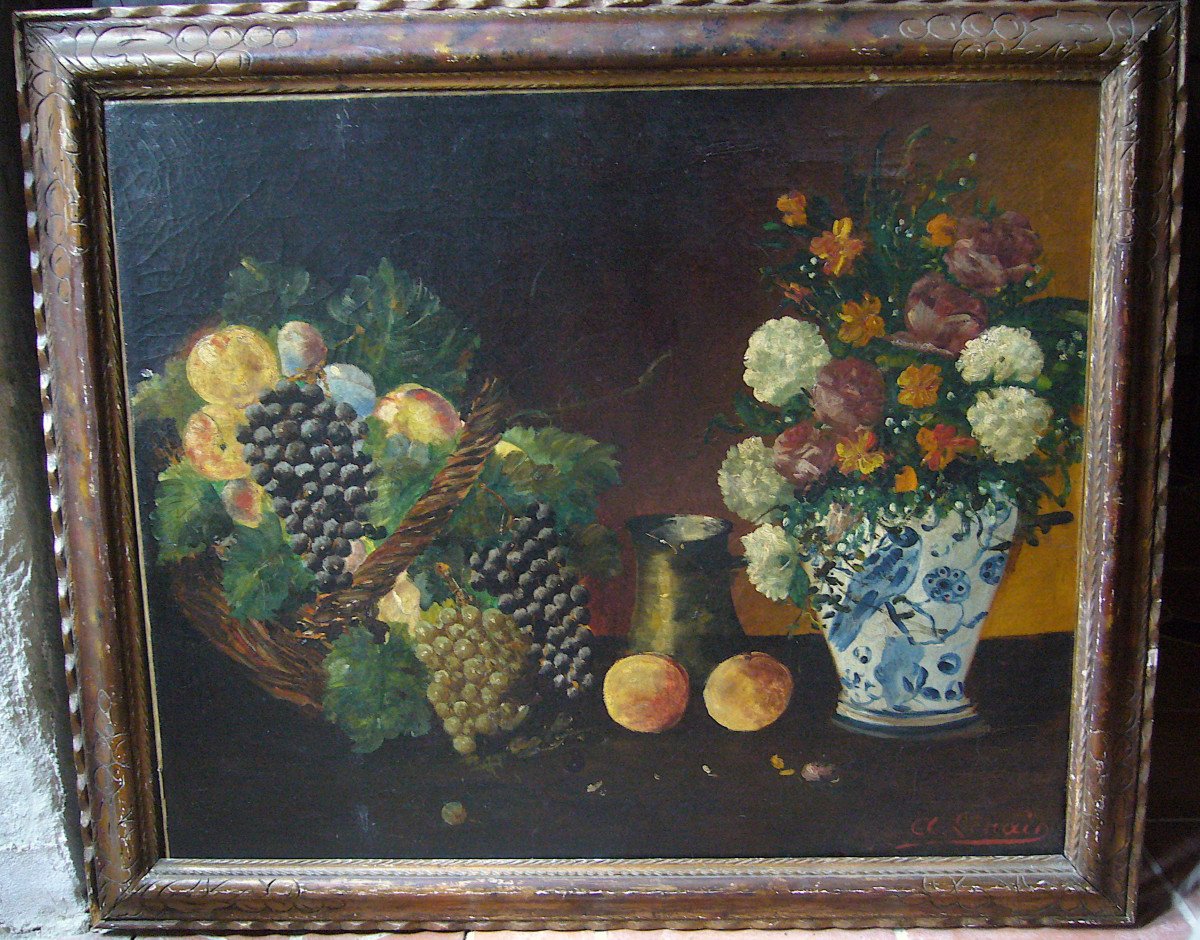 Still Life With Vase Of Flowers And Basket Of Fruits