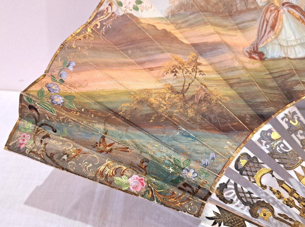 Éventail à Décor De Scènes Galantes Et Monture Nacre – Milieu Du XIXème-photo-3