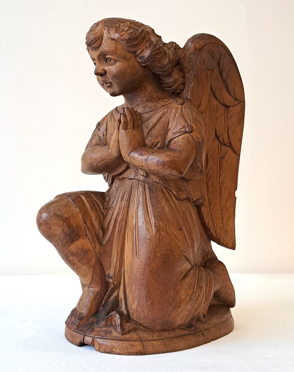 Angelot Putto Amour Chérubien Ange en prière En Bois Sculpté D’époque XIXème-photo-2