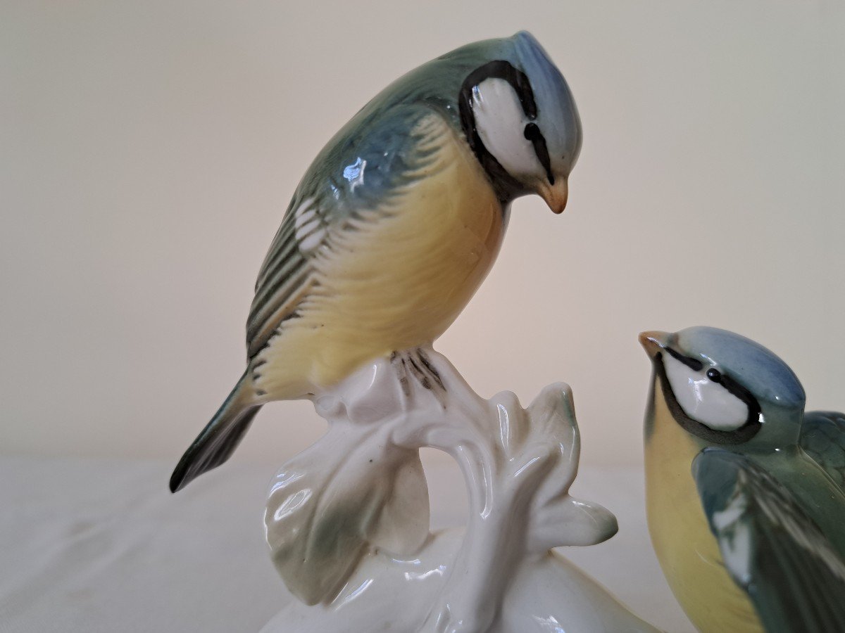 Couple De Mésanges Bleues En Porcelaine Allemande Karl Ens-photo-2