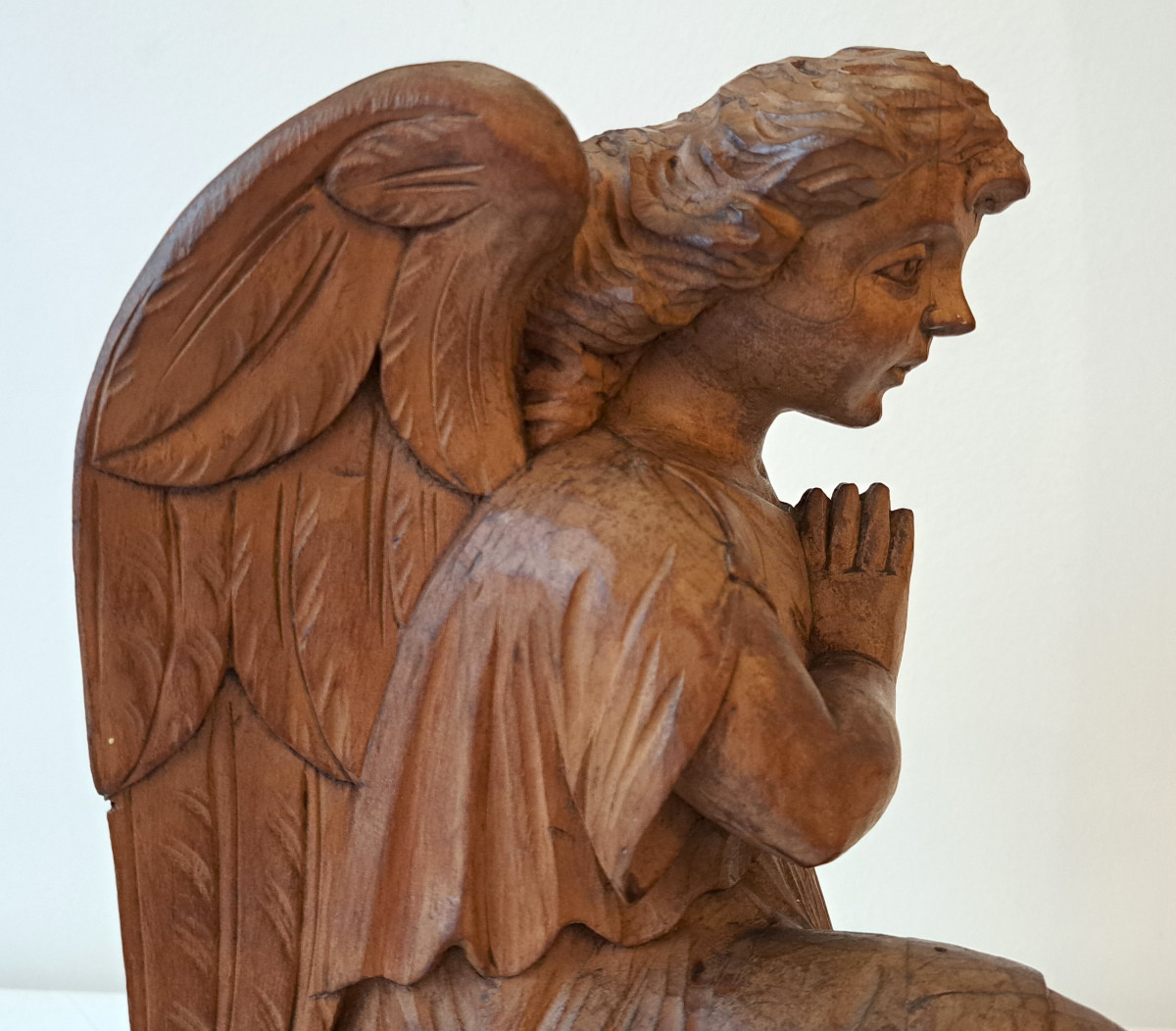 Angel In Prayer, Putto, Cupid In Carved Wood, 19th Century-photo-3