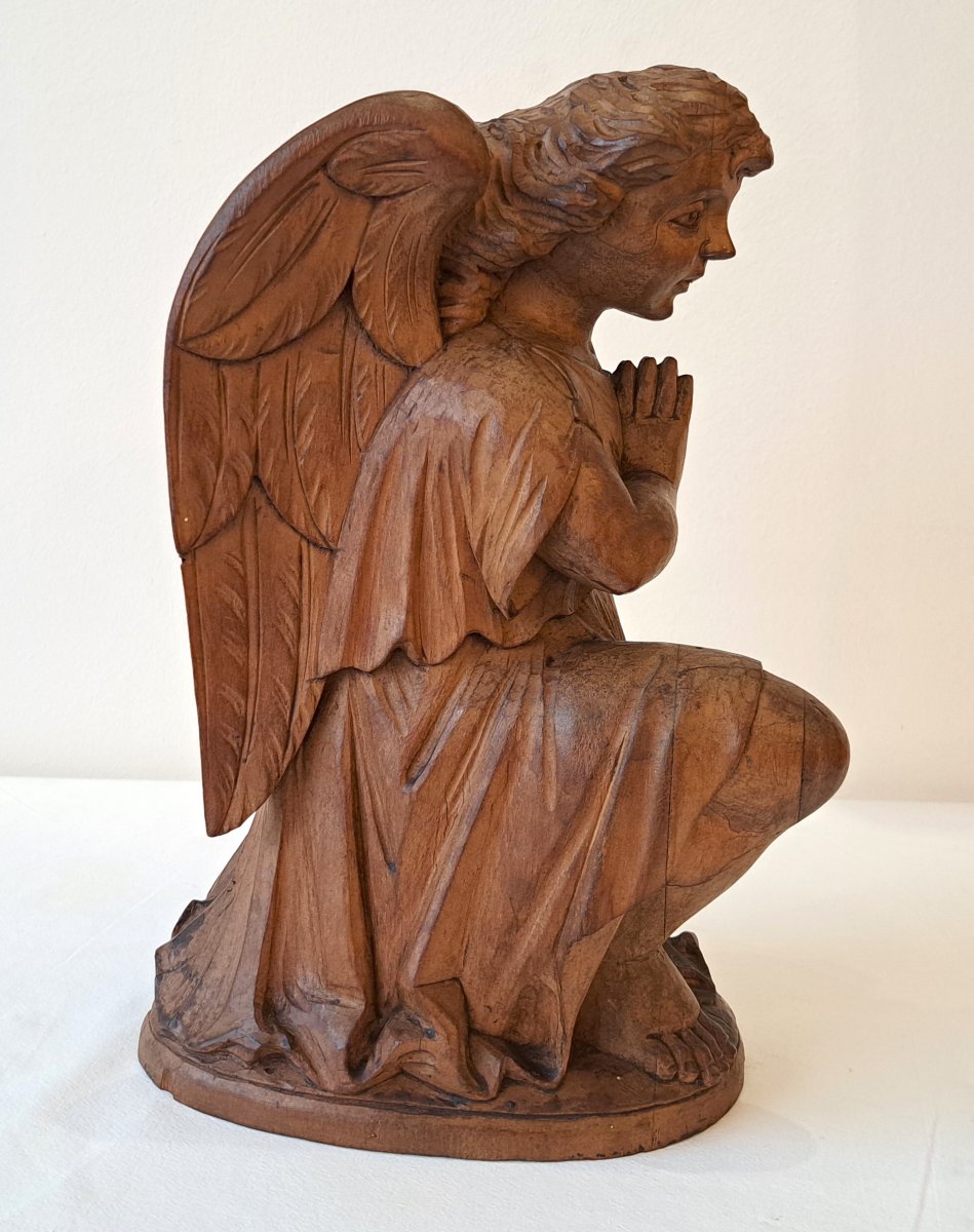Angel In Prayer, Putto, Cupid In Carved Wood, 19th Century-photo-2