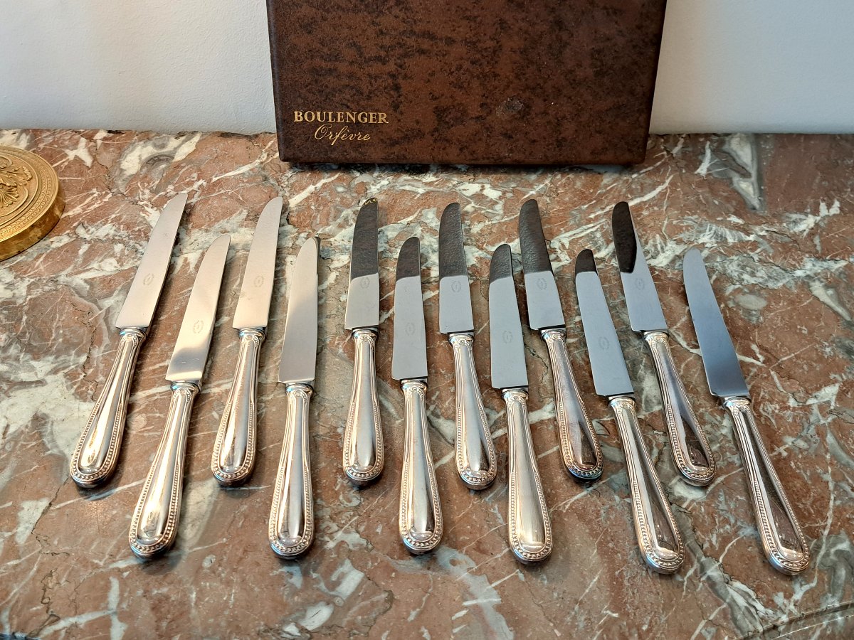 Série de 12 couteaux de table en métal argenté modèle perles Boulenger-photo-4