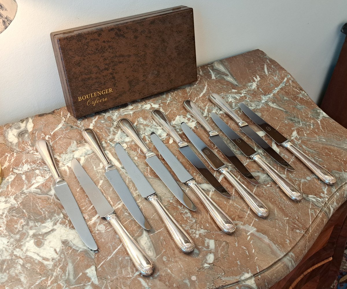 Série de 12 couteaux de table en métal argenté modèle perles Boulenger-photo-2