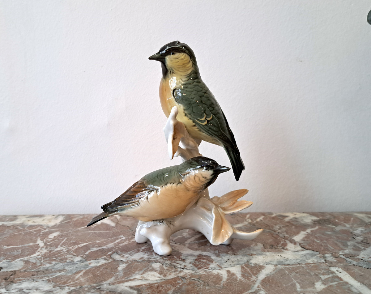 Couple d'oiseaux Tarins des aulnes en porcelaine allemande Karl Ens