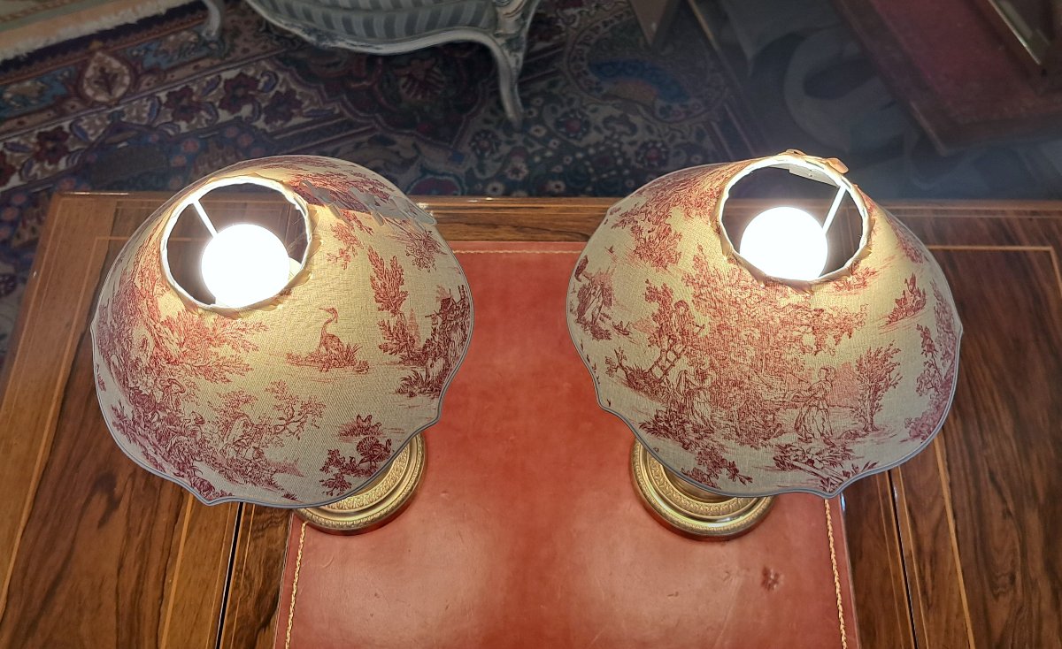 Pair Of 19th Century Gilt Bronze Toile De Jouy Lamps-photo-2