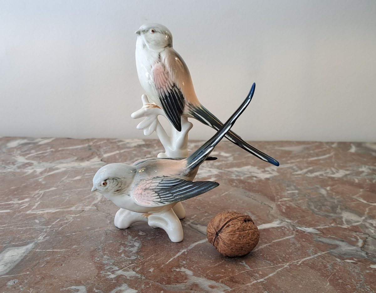 Karl Ens German Porcelain Pair Of Long-tailed Titmice-photo-2