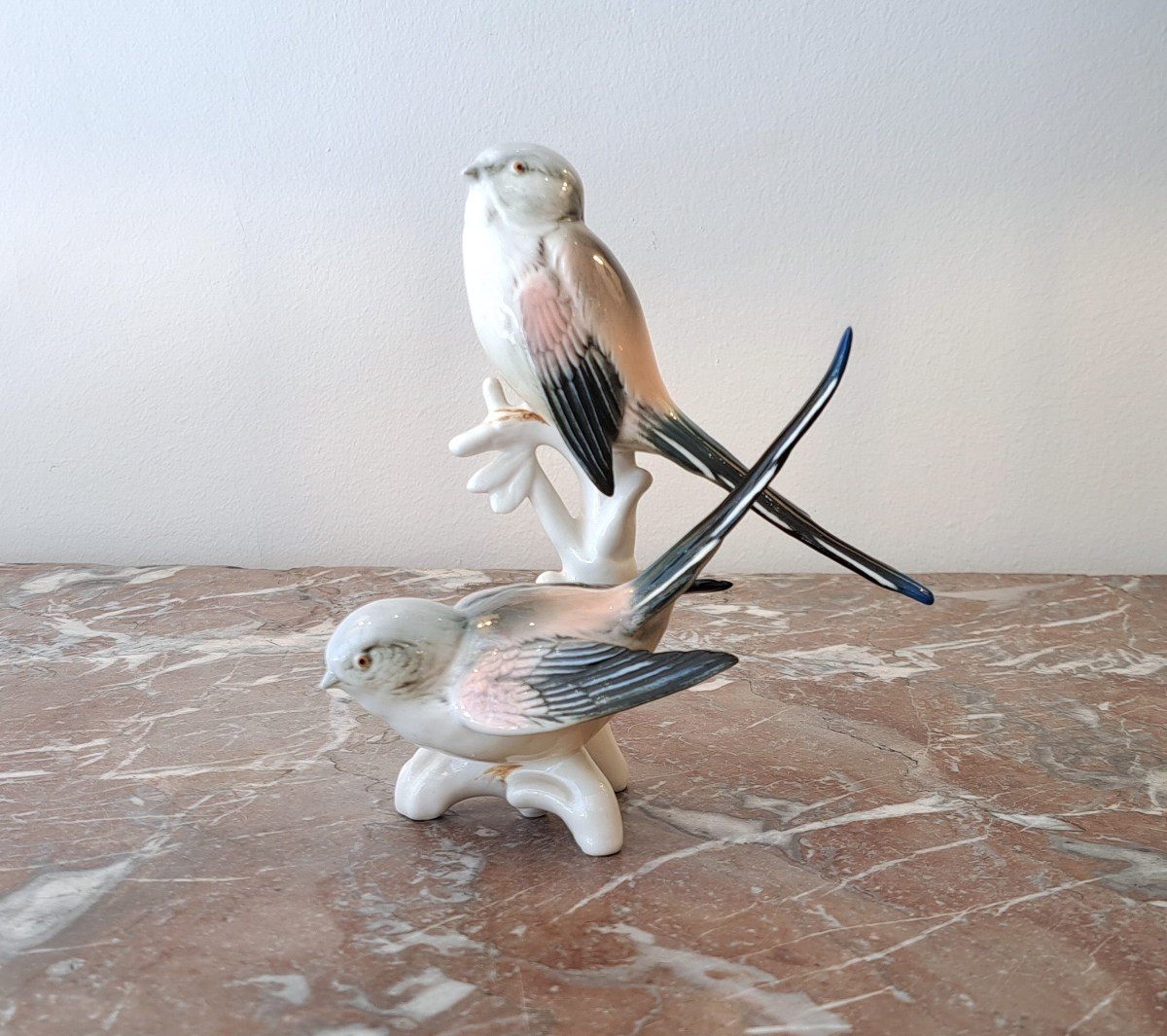Karl Ens German Porcelain Pair Of Long-tailed Titmice