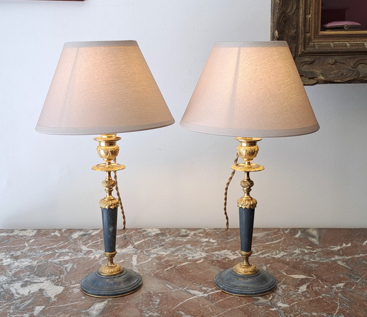 Pair Of Bronze And Marble Lamps In The Louis XVI Style Height 37 Cm-photo-2