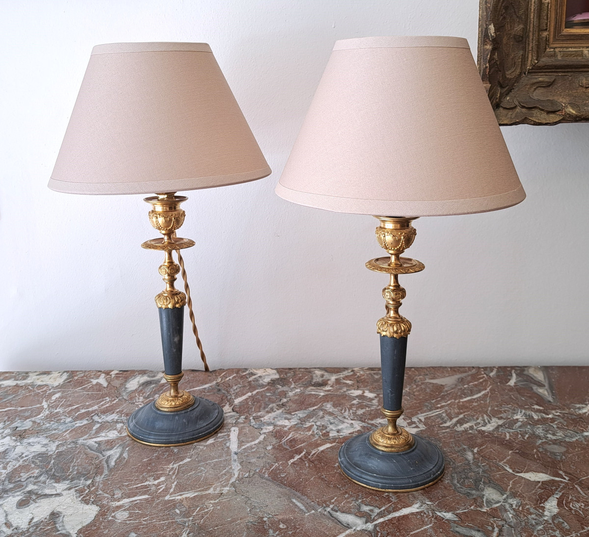 Pair Of Bronze And Marble Lamps In The Louis XVI Style Height 37 Cm