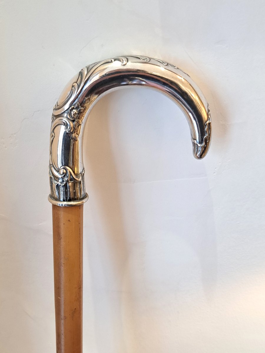 Canne à pommeau bec de corbin en argent massif