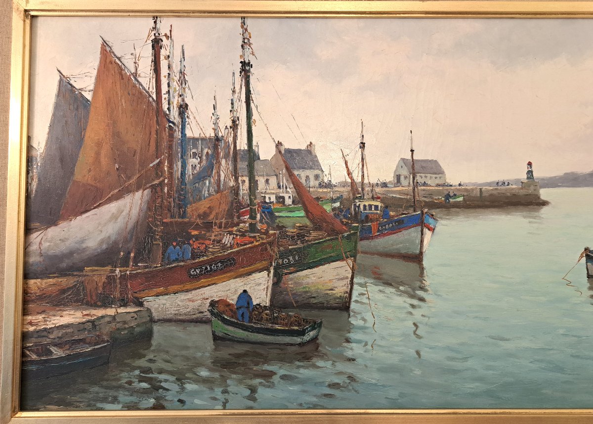 Yves Madec – Chalutiers et Voiliers au port du Guilvinec Grande Marine Huile sur toile-photo-2