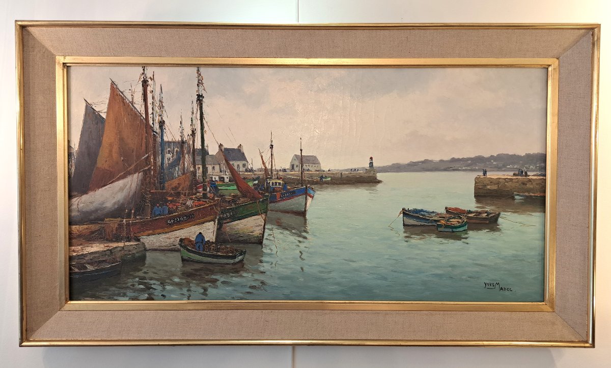 Yves Madec – Chalutiers et Voiliers au port du Guilvinec Grande Marine Huile sur toile