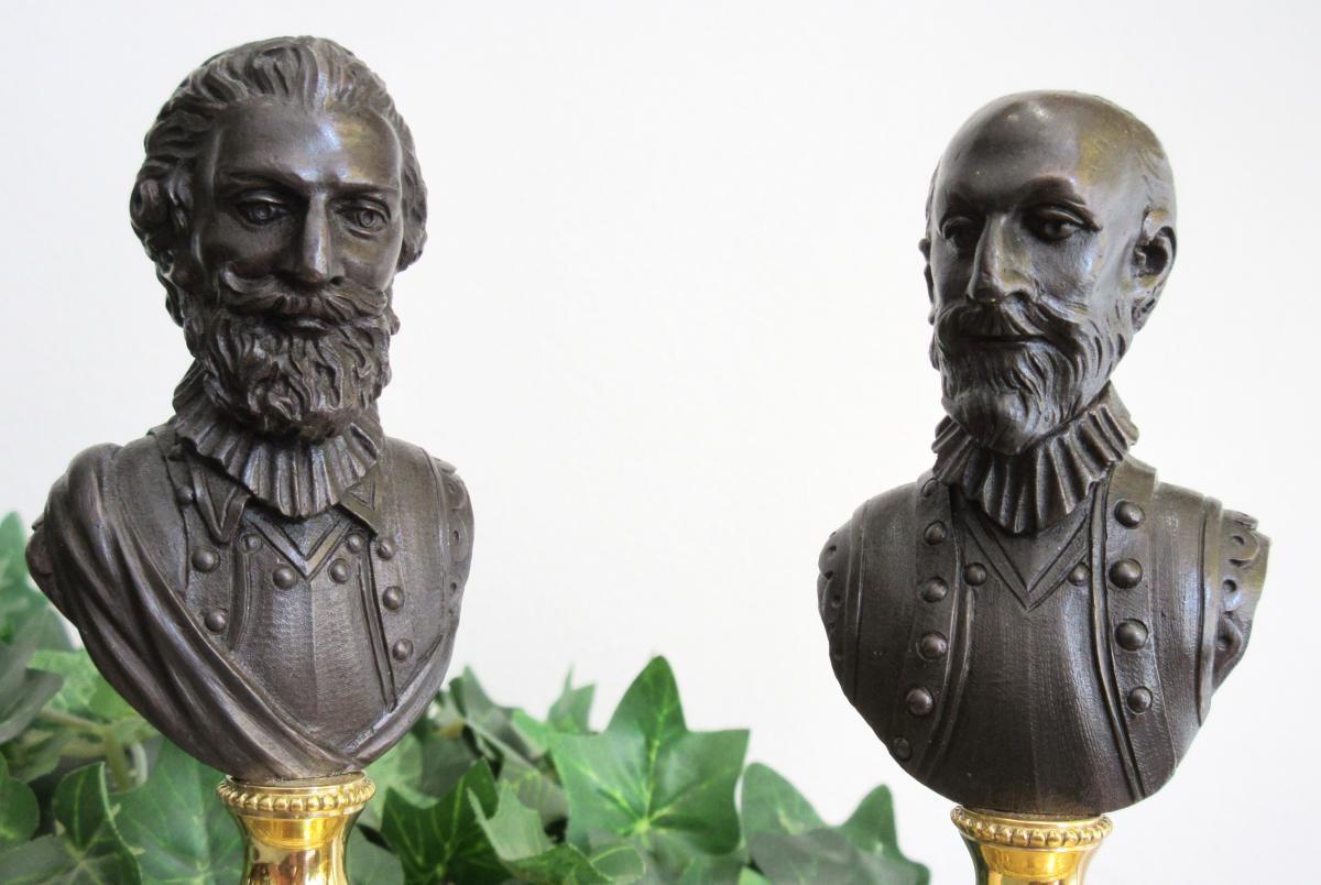 Henri IV Et Sully - Paire De Bustes en bronze et marbre-photo-3