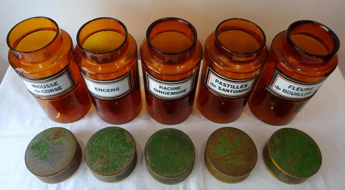 Lot  De 5 Pots &agrave; Pharmacie En Verre Orang&eacute; Tissier Paris XIX&egrave;me-photo-2