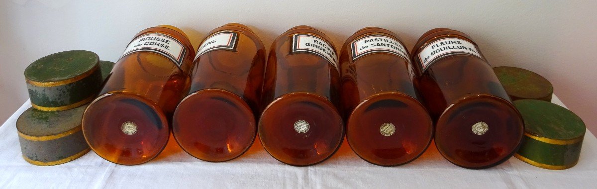 Lot  De 5 Pots &agrave; Pharmacie En Verre Orang&eacute; Tissier Paris XIX&egrave;me-photo-3