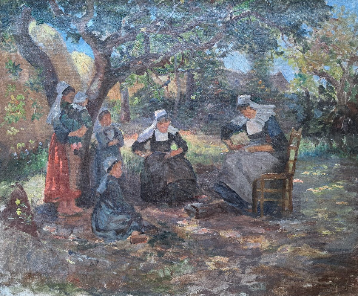 Femmes à la couture en Bretagne vers 1900 - Huile sur toile de Victor Ménard (1857-1930)-photo-2