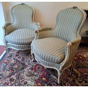 Pair Of Louis XV Style Bergère Armchairs In Painted And Re-upholstered Wood