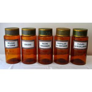 Lot  De 5 Pots &agrave; Pharmacie En Verre Orang&eacute; Tissier Paris XIX&egrave;me