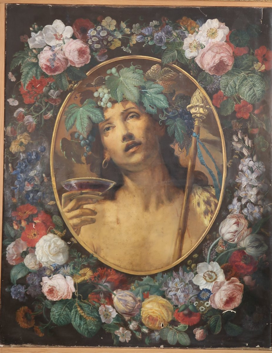Nature morte aux fleurs et Bacchus  huile sur toile école italienne-photo-1