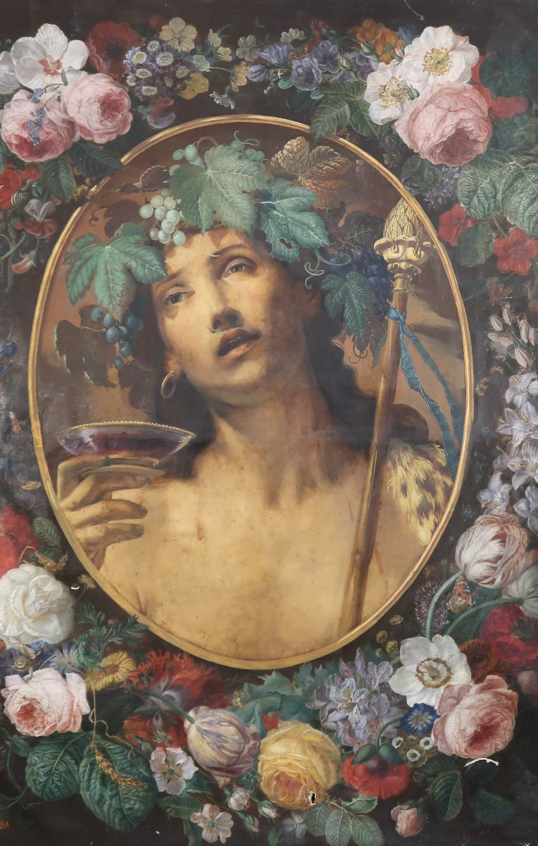 Nature morte aux fleurs et Bacchus  huile sur toile école italienne-photo-2