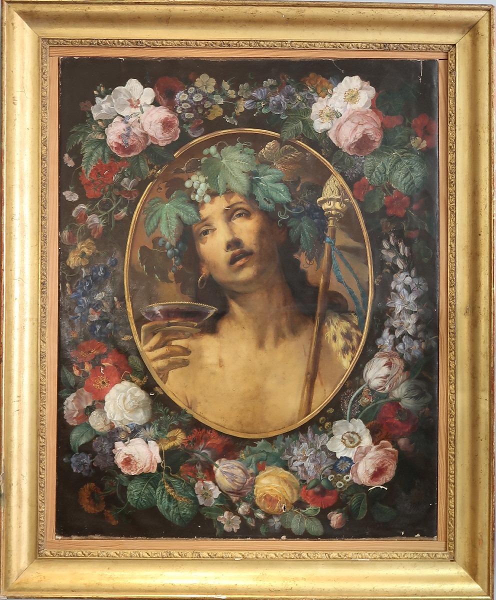 Nature morte aux fleurs et Bacchus  huile sur toile école italienne
