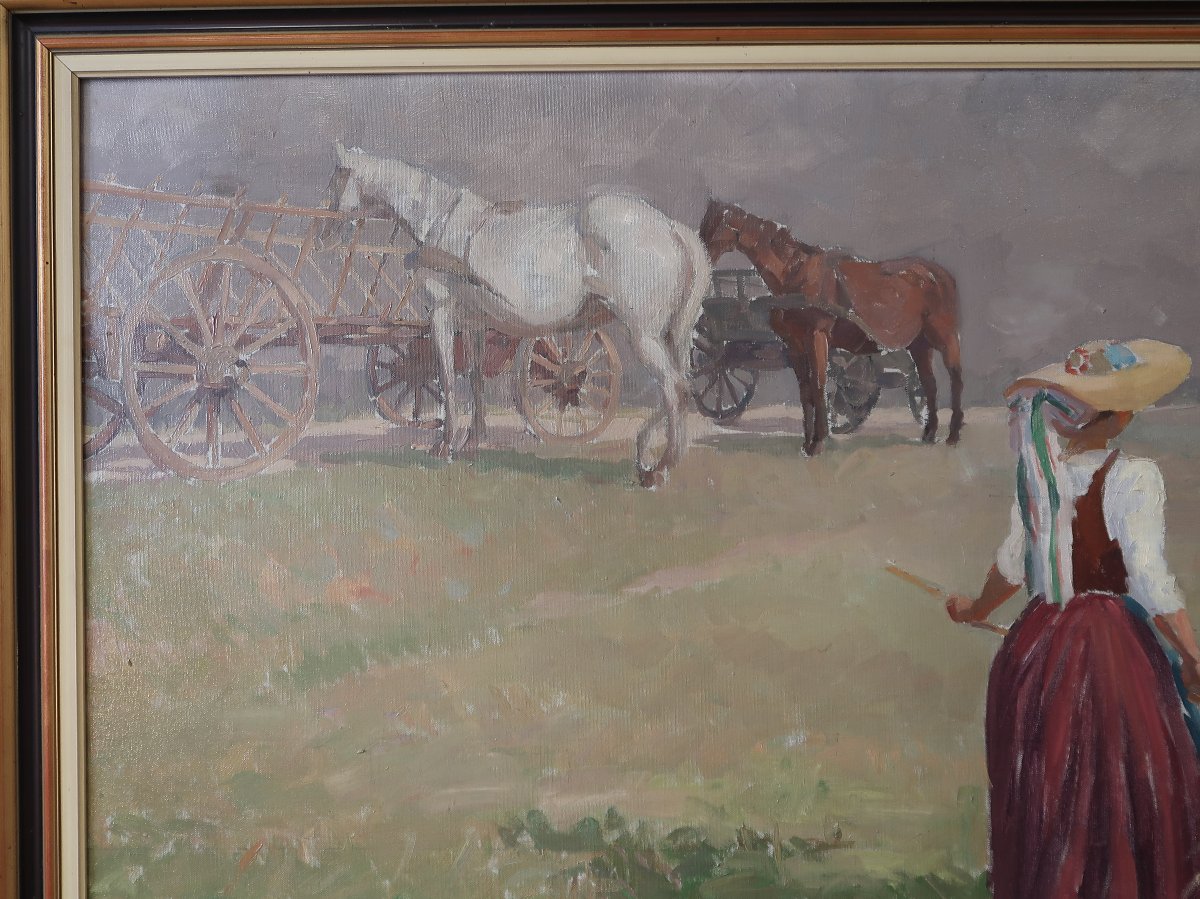 Paul Ledoux: Alsace, Haymaking, Horses, Harvest, 1911, Peasant Woman-photo-3