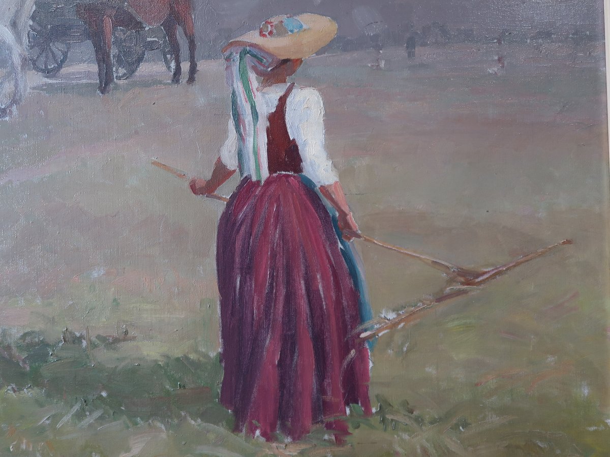 Paul Ledoux: Alsace, Haymaking, Horses, Harvest, 1911, Peasant Woman-photo-1