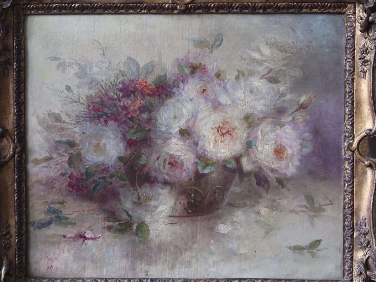 nature morte au vase de fleurs pivoines, roses Girardot-photo-2