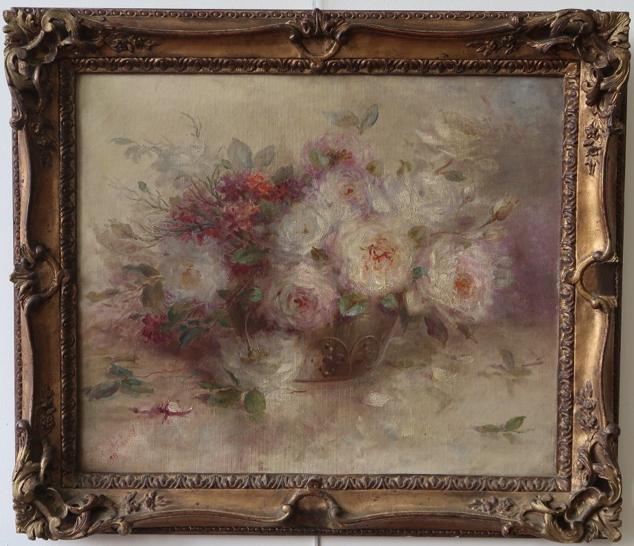 nature morte au vase de fleurs pivoines, roses Girardot