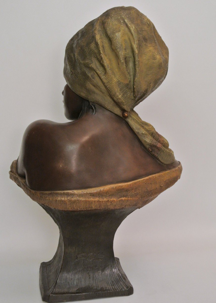 Orientalist Bust Signed Lévêque, Goldscheider Manufacture-photo-1