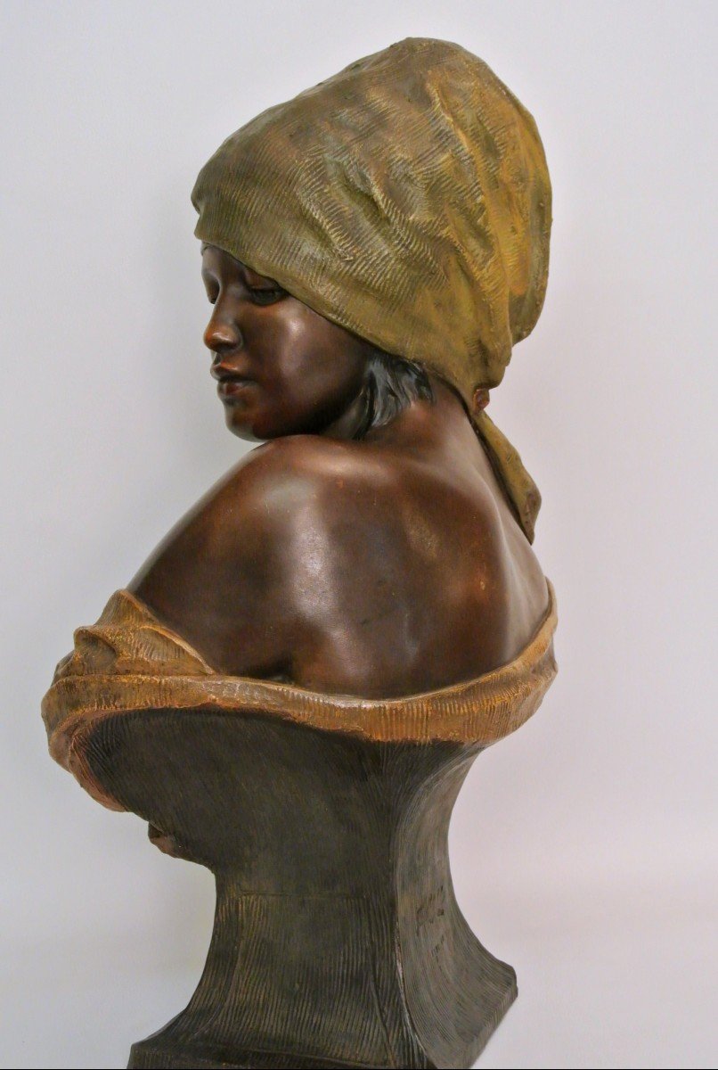 Orientalist Bust Signed Lévêque, Goldscheider Manufacture-photo-2