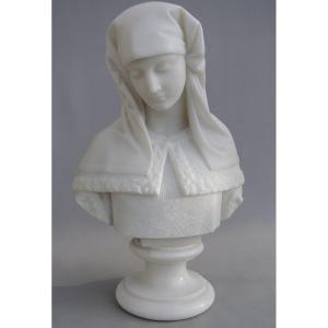 Bust Of The Blessed Virgin Marble E. Fiaschi